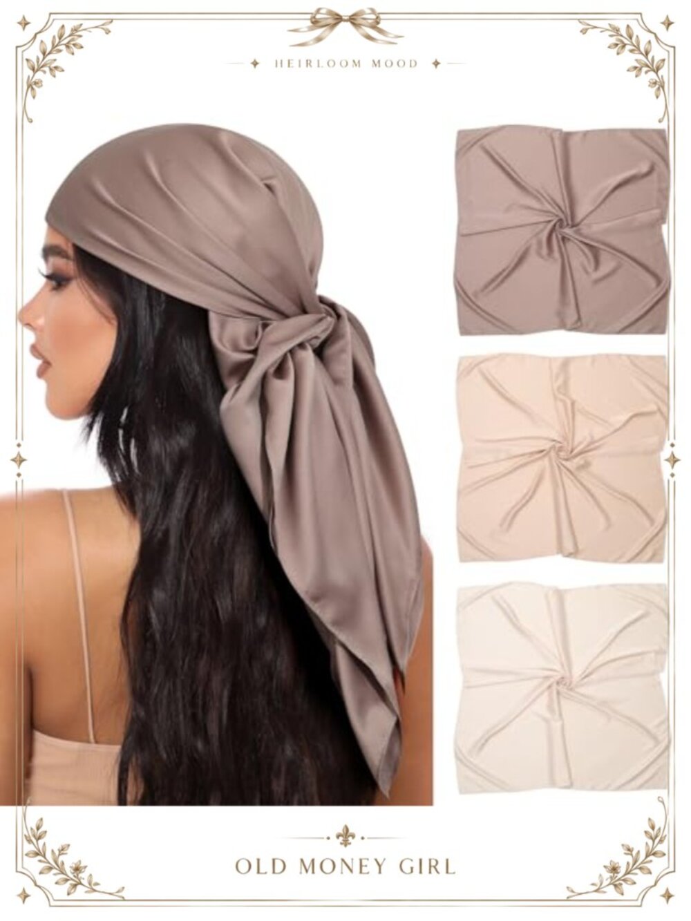 Large Square Satin Head Scarf Set - 3pcs Silk Feeling Hair Scarves Bandanas